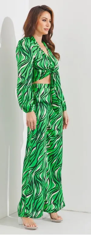 Green Zebra Print Tie Front Top & Wide Leg Pants Set Size M NWT thumbnail 1