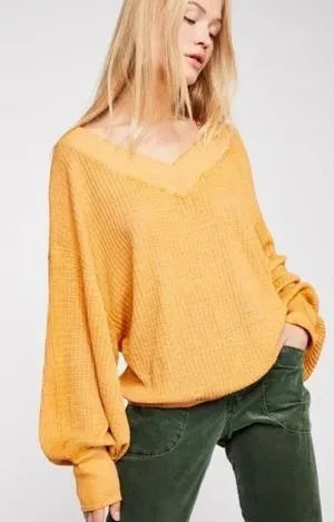 THE FREE PEOPLE South Side Thermal Pullover Top Sz S Celestial Gold thumbnail 1
