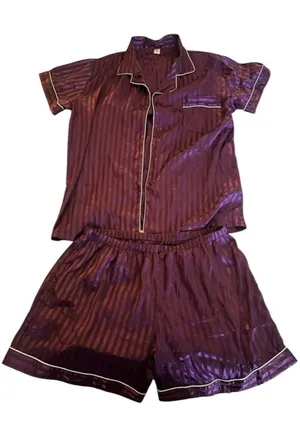Sweet & Sinful Purple Striped Silk Pajama Top & Shorts Set thumbnail 1