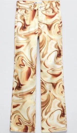 Zara Funky Marbled Flare Jeans Size 26‎ Cream Brown thumbnail 1