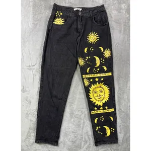 Womens M Graphic Yellow Sun Moon Stars Denim Black Straight Jeans Boho thumbnail 2