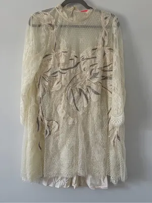 Free People Swan Lace Long Sleeve Beaded Boho Asymmetrical Hem Mini Dress S thumbnail 2
