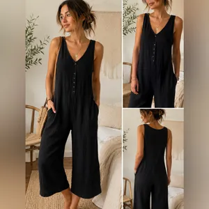 Free People Black Sleeveless V-Neck Button-Front Wide-Leg Jumpsuit Size s/m thumbnail 2