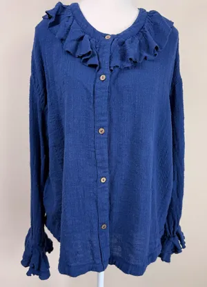 Free People Ruffled Neck Button‎ Front Cotton Shirt Blue Size L G thumbnail 1