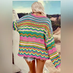 Ecosunny Women's Sweaters Long Sleeve Crew Neck Color Block Striped Hollow thumbnail 2