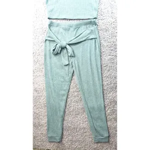 Sage Green Ribbed Knit 2 Piece Set Crop Top and Tie Waist Joggers XL thumbnail 2
