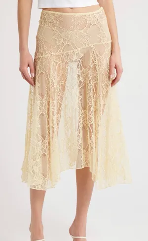 Lioness Butter Yellow Lace Midi Skirt thumbnail 1