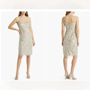 Vince Camuto Illusion Lace Yoke Sleeveless Champagne Sequin Sheath Dress Size 6 thumbnail 2