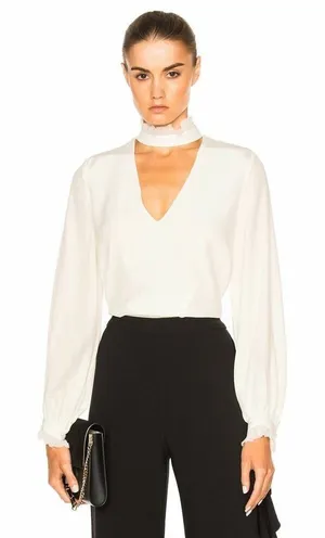 ALEXIS "KLEIN" WHITE SILK RUFFLE CHOKER BLOUSE TOP thumbnail 1