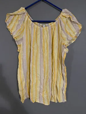 Cato Linen Yellow Striped Short Sleeve Top Size Medium thumbnail 1