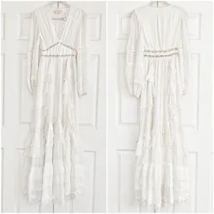 Rococo Sand Mia‎ Long-Sleeve Ruffled Maxi Dress White Lace V-Neck Boho Resort XS thumbnail 6