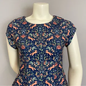 Pink Martini Dress Fox Print Blue Floral A-Line Lined‎ Small Women Cap Sleeves thumbnail 7