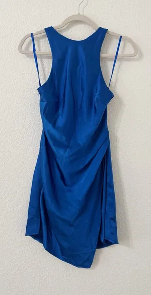 Hello Molly Cobalt Blue Satin Asymmetrical Ruched Mini Dress Size 4 thumbnail 1