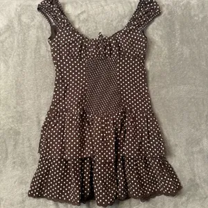 Wild Fable Polka Dot Mini Dress XXS Milkmaid Brown Tiered Ruffle Smocked Lace thumbnail 2