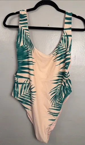 Aerie Women's Super Scoop One Piece Swimsuit Pink Green Palm Leaf xlarge thumbnail 1