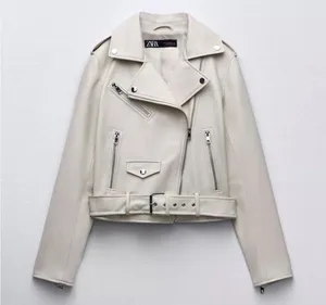 Zara Faux Leather Moto Jacket Biker Belted Streetwear Cream Ivory Size S thumbnail 1