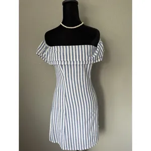 Lulus Seaside Skipper Blue White Striped Off Shoulder Mini Dress XS NWT thumbnail 4