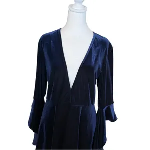Lulus Wrapped in Luxe Navy Blue Velvet Bell Sleeve Skater Dress XL Dark Romantic thumbnail 3