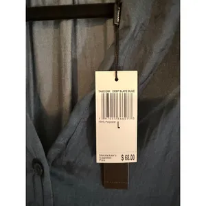 T Tahari Blouse Deep Slate Blue L Womens Silky Short Sleeve V-Neck NEW Office thumbnail 6