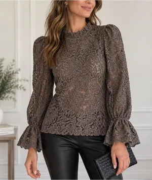 Eri + Ali Anthropologie Brown Floral Lace Blouse Ruffle High Neck Bell Sleeve thumbnail 1
