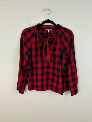 Madewell Red and Black Plaid Flannel Tie-Neck Top Size XS Women's thumbnail 2