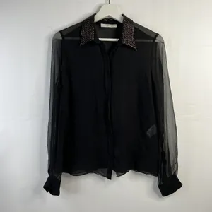 Chloé Size S 4 Blouse Black Semi Sheer Button Up Metallic Copper Sequin‎ Collar thumbnail 2