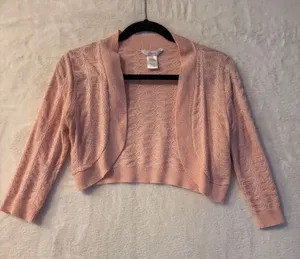 Candies Pink Shimmer Cropped Shrug Sweater Open Front‎ Bolero 3/4 Sleeve Small thumbnail 1