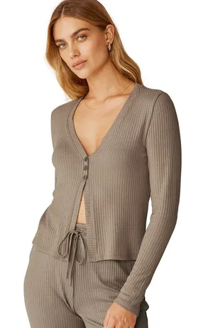 Beyond Yoga Well Traveled Ribbed Lounge Cardigan Taupe Tan Small thumbnail 1