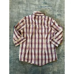 Carhartt Huron Cream Berry Red Pink Plaid Button Down 3/4 Sleeve Shirt Medium thumbnail 2