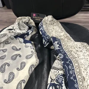 100 % silk Paisley Scarf in Navy & Cream thumbnail 2