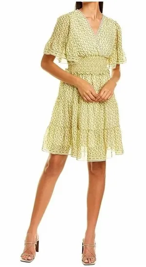 Max Studio Yellow Floral Smocked Waist Tiered Flutter Sleeve Mini Dress‎ NWT thumbnail 1