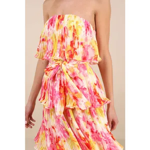 NWT Lulus Nessa Yellow and Pink Abstract Plisse Tiered Midi Dress Colorful Sz XL thumbnail 8