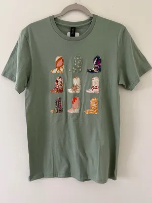 NWT Boots & Boho Patchwork Western Green Tee size small thumbnail 1