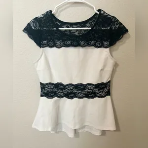 New York & Company Black White Lace Peplum Top Size M Side Zip Office Date Night thumbnail 6