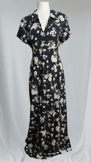 Vintage 90s B Moss Dark Floral Maxi Dress Women’s 13/14 Short Sleeve Collar thumbnail 1
