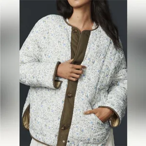 Anthropologie Tan Floral Reversible Quilted Puffer Jacket thumbnail 3