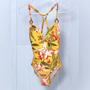 KONA SOL Boho Tropical Floral One Piece Swimsuit Yellow Hibiscus Print Small thumbnail 4