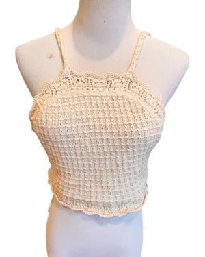 Zara Crochet Crop Top Halter Knit S Tan Beige Cream thumbnail 2