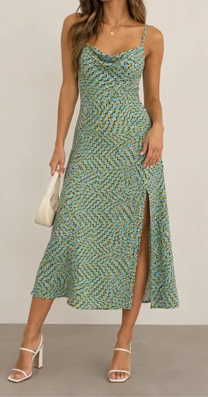 Commense Dress Large Blue Mustard Optical Print Strappy Midi Y2K thumbnail 1