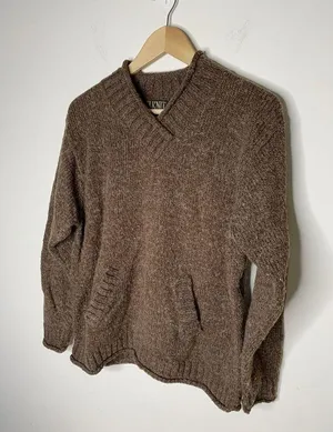 Vintage Sweater Womens Large VNeck Wool Blend Kangaroo Pocket Brown In Knit thumbnail 2