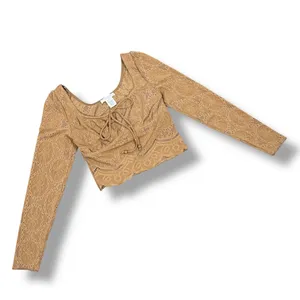 Kirious Boho Embroidered‎ Eyelet Tie Neck Long Sleeve Crop Top Tan XS thumbnail 11