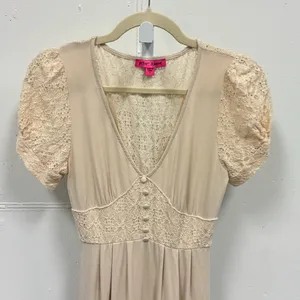 Betsey Johnson Mosaic Lace Puff-Sleeve Midi Dress Crochet Back Cream Sm JL408532 thumbnail 6