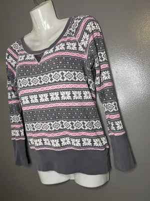 Victoria's Secret Thermal Shirt Womens Small Gray Fair Isle Scoop Neck Top thumbnail 4