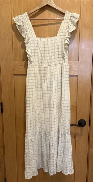 Evereve Mae Windowpane Smocked Plaid Ruffle Sleeve‎ Midi Women's Dress Medium thumbnail 1
