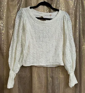 Free People Jasmine Tea Time Long Puff Lace Sleeve‎ Open Back Top Ivory Medium thumbnail 1