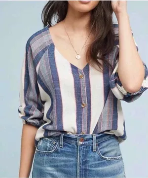 Anthropologie Cloth and Stone Striped Button-Front V-Neck Top thumbnail 1