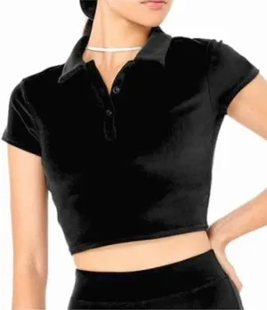 Alo Velour Choice Polo Black Velvet Fuzzy Cropped Short Sleeve Henley Crop Top thumbnail 1
