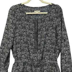 LOFT Romper Size 0 Blue White Paisley Print Long Sleeve‎ Roll Tab One Piece EUC thumbnail 3