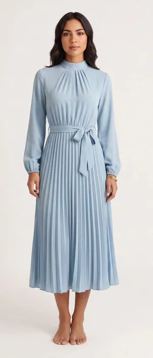Women’s Pale Blue Pleated Midi Dress with Tie Waist thumbnail 1