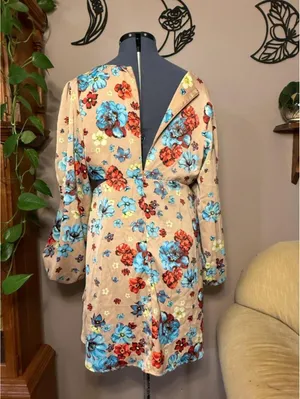 AFRM Beige Floral Long Sleeve Mini Dress with Blue & Red Blooms New w/o Tags thumbnail 3